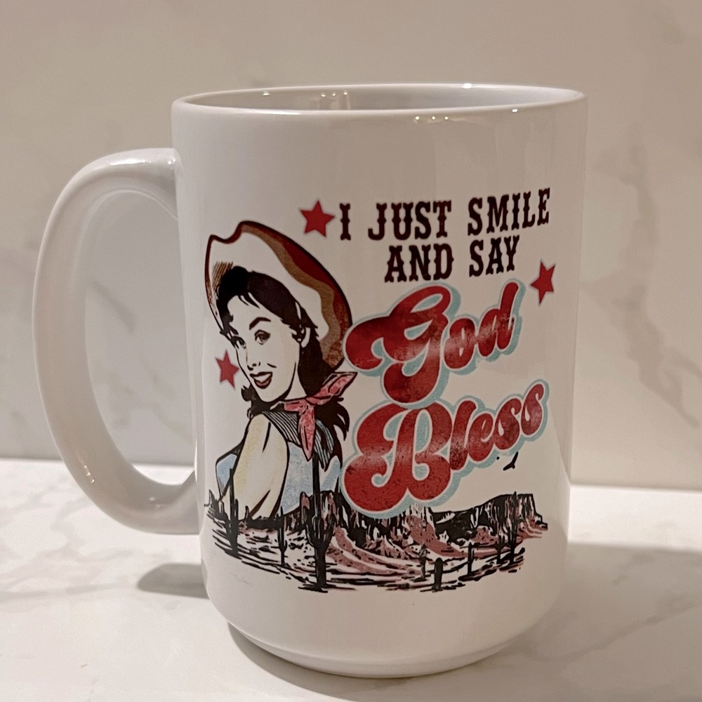 NEW! I Just Smile and Say God Bless Country Humor Mug - New in Box